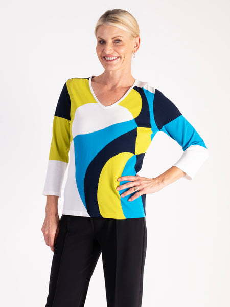 White/Lime Abstract Wave Jumper – Subtle Sophistication