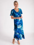 Marina/Cobalt Hand Painted Tropical Satin Cowl Neck Dress