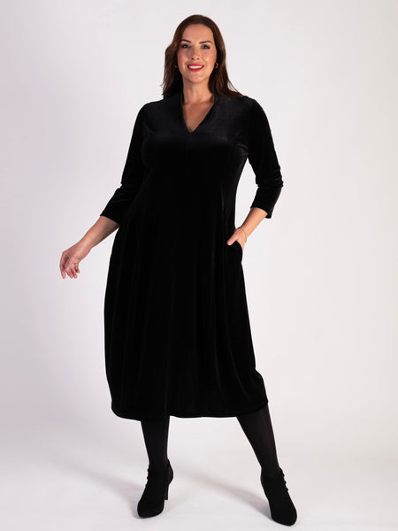 Black Stretch Velvet Panelled Boulle Dress with Back Vent Detail