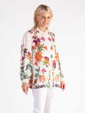 Cream/Multi Floral Print Puff Sleeve Blouse with Delicate Picot Lace Trim