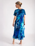 Marina/Cobalt Hand Painted Tropical Satin Cowl Neck Dress