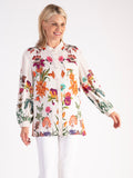 Cream/Multi Floral Print Puff Sleeve Blouse with Delicate Picot Lace Trim