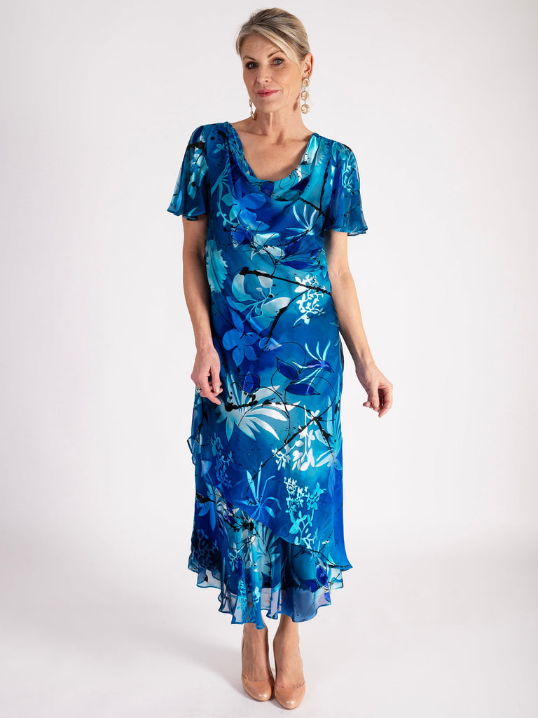 Marina/Cobalt Hand Painted Tropical Satin Cowl Neck Dress Marina/Cobalt Hand Painted Tropical Satin Cowl Neck Dress