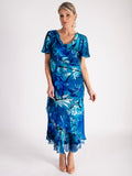 Marina/Cobalt Hand Painted Tropical Satin Cowl Neck Dress
