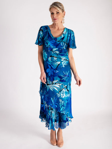 Marina/Cobalt Hand Painted Tropical Satin Cowl Neck Dress