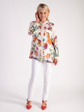 Cream/Multi Floral Print Puff Sleeve Blouse with Delicate Picot Lace Trim