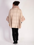 Opulent Blush Check Wrap with Luxe Fur Trim