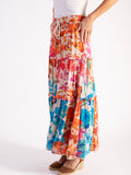 Pink/Orange Botanical  Print Tiered Maxi Skirt