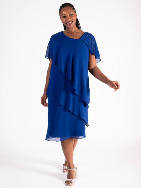 Exquisite Cobalt Tiered Chiffon Dress with Asymmetric Neckline and Shoulder Diamanté Detail