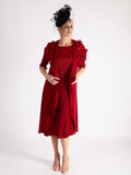 A Rouge Pleated Dress With Applique Chiffon Flower Detail