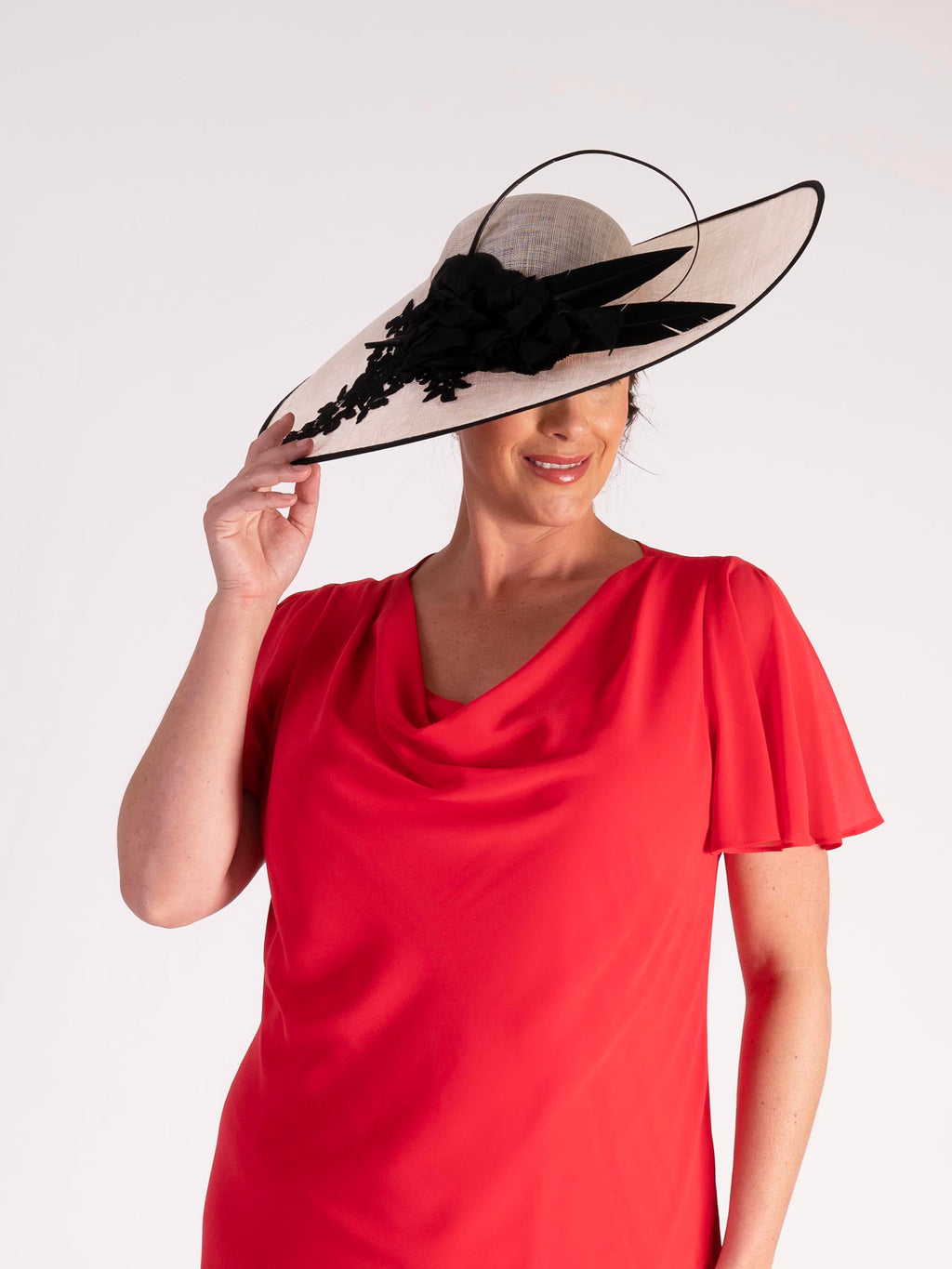 Ivory Black Medium Hatinator Contrast Feather Flower Leaf Trail