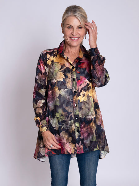 Black/Red Amber Symphony Jacquard Semi-Sheer Blouse With Back Pleated Detail