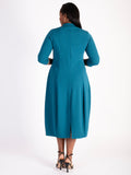 Teal Notch Neck Zip Front Crepe Jersey Balloon Dress