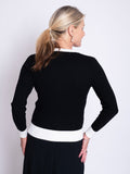 Black/Ivory Ribbed V Sweater with Brooch Details