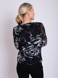 Black/Grey Abstract Floral Print V-Neck Mesh Top