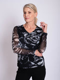 Black/Grey Abstract Floral Print V-Neck Mesh Top