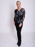 Black/Grey Abstract Floral Print V-Neck Mesh Top