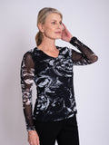 Black/Grey Abstract Floral Print V-Neck Mesh Top