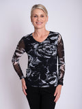 Black/Grey Abstract Floral Print V-Neck Mesh Top