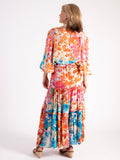 Pink/Orange Botanical  Print Tiered Maxi Skirt