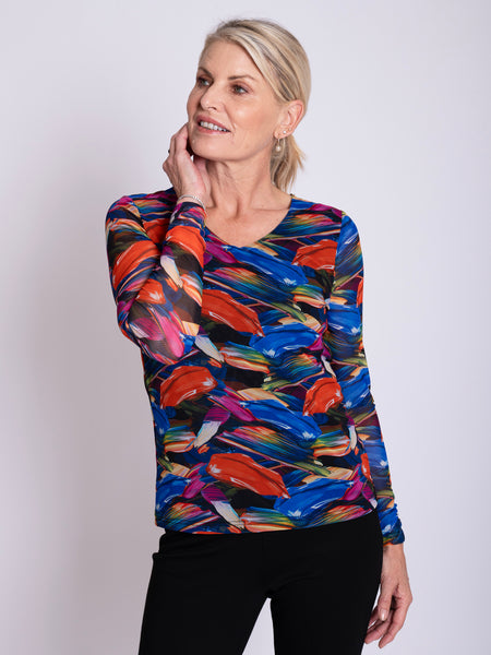 Multi Coloured Brushtrokes Print V-Neck Mesh Top
