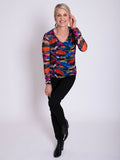 Multi Coloured Brushtrokes Print V-Neck Mesh Top