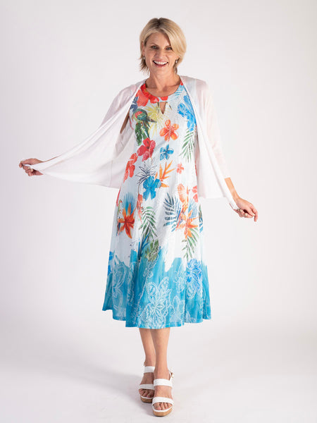 White/Multi Hibiscus Border Mesh Cut-Out Detail Sleeveless Dress