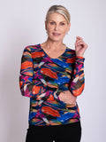 Multi Coloured Brushtrokes Print V-Neck Mesh Top