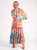 Pink/Orange Botanical  Print Tiered Maxi Skirt