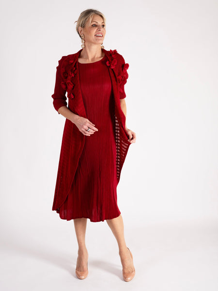 A Rouge Pleated Dress With Applique Chiffon Flower Detail