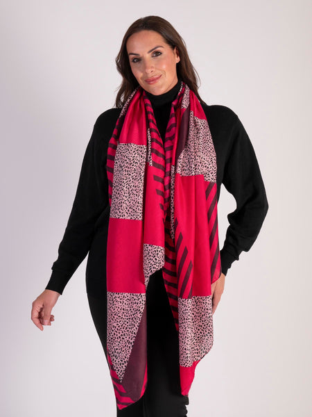 Fuchsia/Purple Animal Print & Stripes Colourblock Scarf