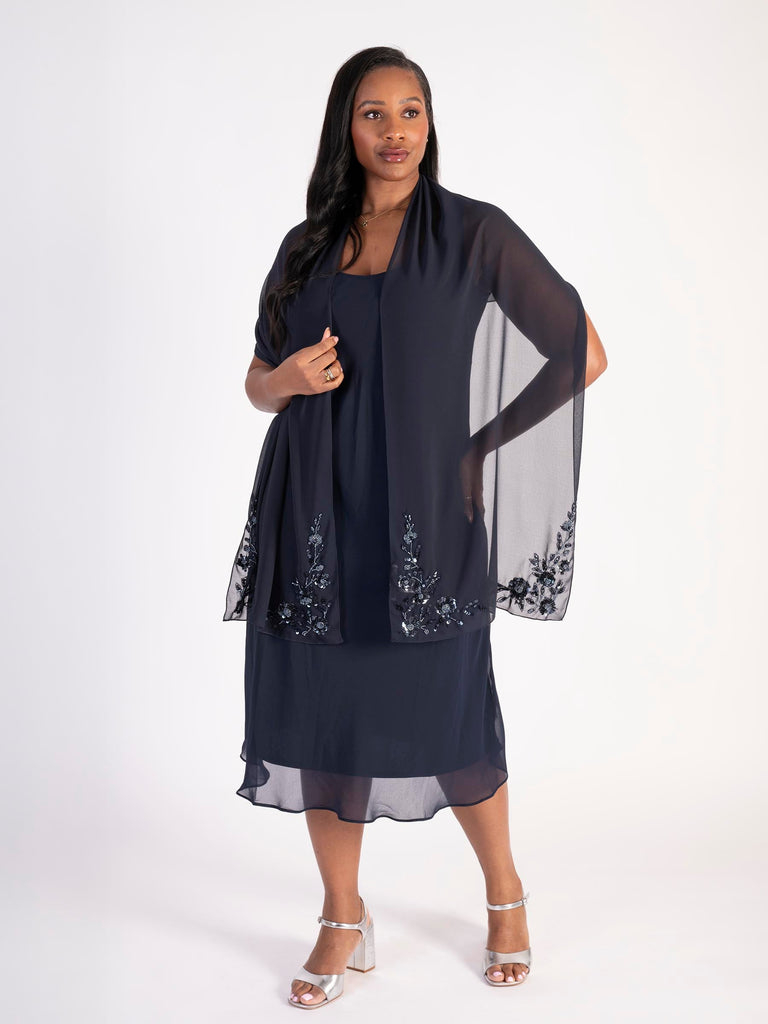 Navy Chiffon Shawl with Matt Gunmetal Beads & Sequins Navy Chiffon Shawl with Matt Gunmetal Beads & Sequins