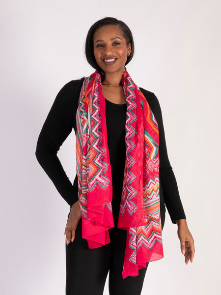 Pink/Multi Diamond Ikat Print Cotton Scarf