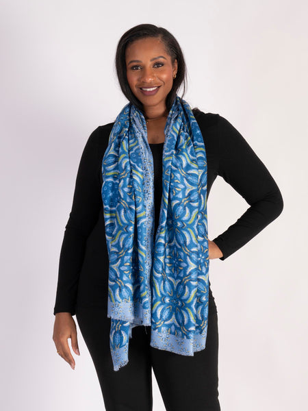 Blue Floral Mosaic Print Lightweight Scarf