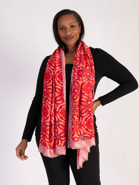 Red Floral Mosaic Print Lightweight Scarf