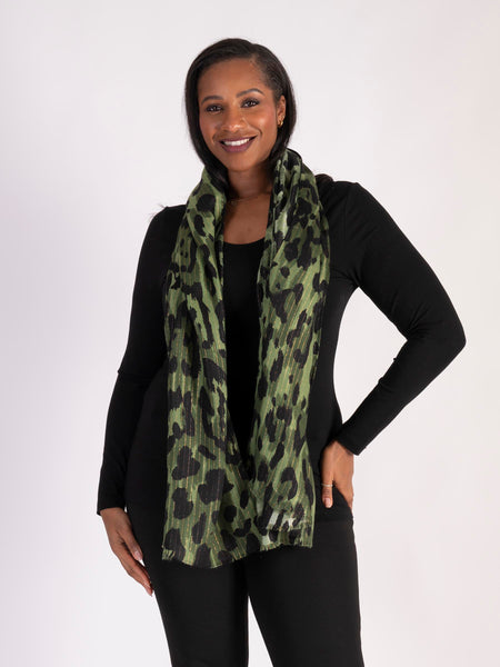 Emerald/Black Leopard Print Scarf with Gold Foil Pinstripes