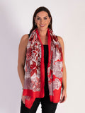 Red Japanese Floral Garden Print Lightweight Scarf with Foil Accents