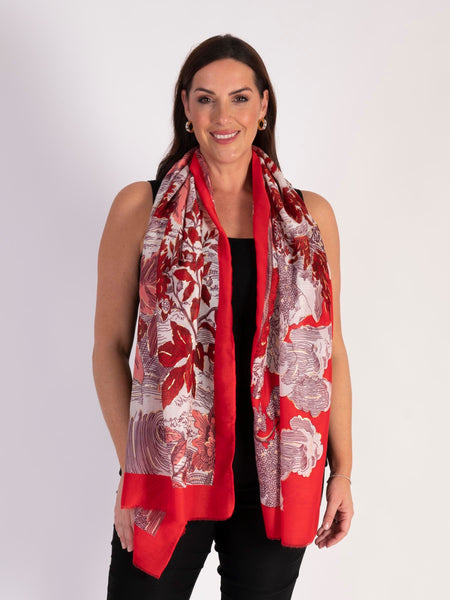 Red Japanese Floral Garden Print Lightweight Scarf with Foil Accents