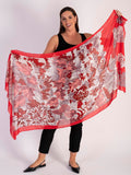 Red Japanese Floral Garden Print Lightweight Scarf with Foil Accents