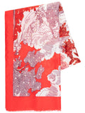 Red Japanese Floral Garden Print Lightweight Scarf with Foil Accents