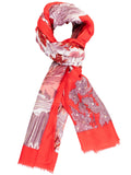 Red Japanese Floral Garden Print Lightweight Scarf with Foil Accents