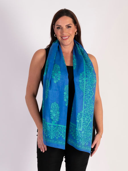 Denim Blue Lightweight Cotton Scarf with Green Filigree Leaf Border