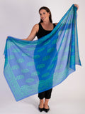 Denim Blue Lightweight Cotton Scarf with Green Filigree Leaf Border