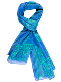 Denim Blue Lightweight Cotton Scarf with Green Filigree Leaf Border