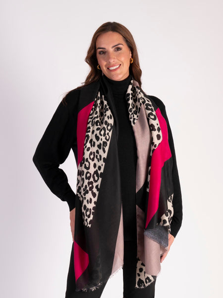 Fuchsia/Taupe Geometric Colourblock and Leopard Print Scarf