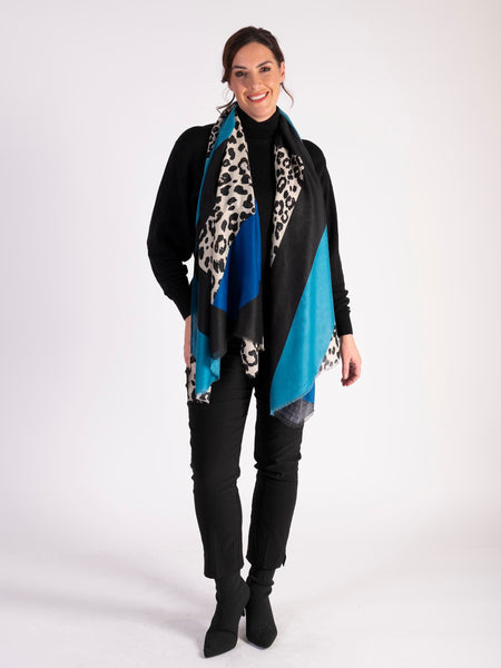 Royal Blue/Turquoise Geometric Colourblock and Leopard Print Scarf