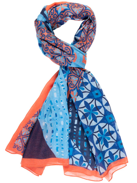 Blue/Orange Patchwork Tile Print Cotton Scarf