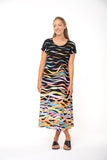 NEW DELIVERY COMING SOON - Blk/Multi Dancing Waves Cap Sleeve Premium Jersey Dress