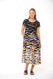 NEW DELIVERY COMING SOON - Blk/Multi Dancing Waves Cap Sleeve Premium Jersey Dress