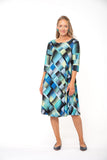 Green/Blue Geometric Dream 3/4 Sleeve Premium Jersey Dress